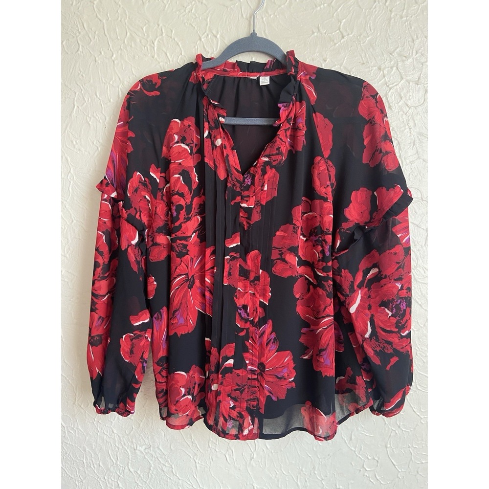 Cato Red Rose Floral Vneck Ruffle Balloon Sleeve Top Womens Size S Professional